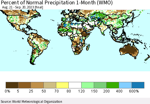 World Percent of Normal Precipitation 1-Month (WMO) Thematic Map For 8/21/2023 - 9/20/2023