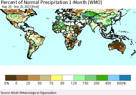 World Percent of Normal Precipitation 1-Month (WMO) Thematic Map For 8/26/2023 - 9/25/2023