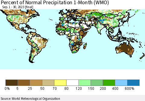 World Percent of Normal Precipitation 1-Month (WMO) Thematic Map For 9/1/2023 - 9/30/2023