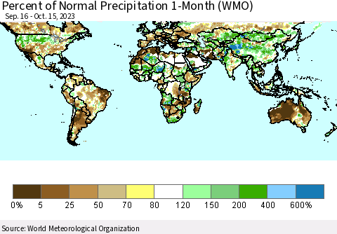 World Percent of Normal Precipitation 1-Month (WMO) Thematic Map For 9/16/2023 - 10/15/2023