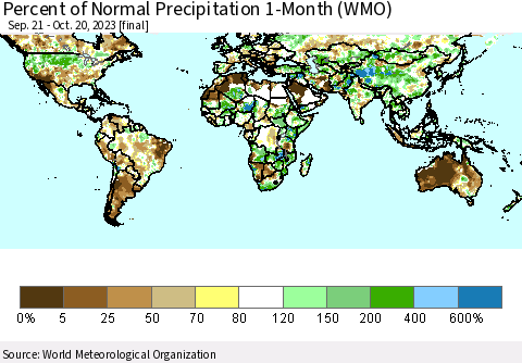 World Percent of Normal Precipitation 1-Month (WMO) Thematic Map For 9/21/2023 - 10/20/2023
