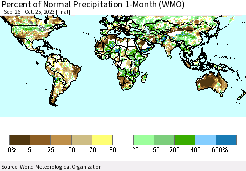 World Percent of Normal Precipitation 1-Month (WMO) Thematic Map For 9/26/2023 - 10/25/2023