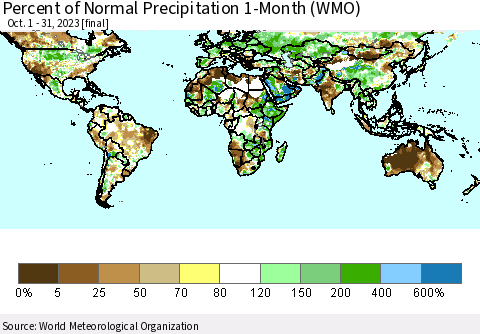 World Percent of Normal Precipitation 1-Month (WMO) Thematic Map For 10/1/2023 - 10/31/2023