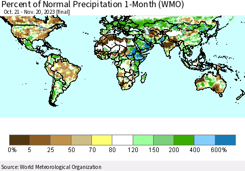 World Percent of Normal Precipitation 1-Month (WMO) Thematic Map For 10/21/2023 - 11/20/2023