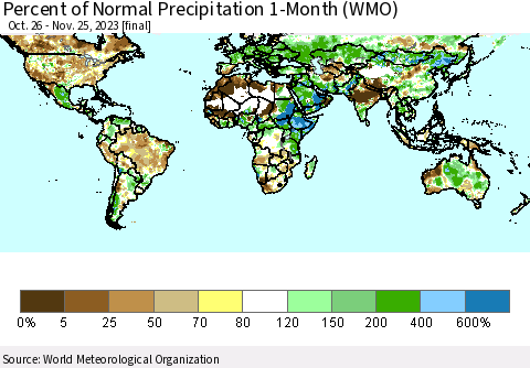 World Percent of Normal Precipitation 1-Month (WMO) Thematic Map For 10/26/2023 - 11/25/2023