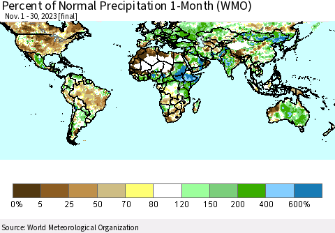 World Percent of Normal Precipitation 1-Month (WMO) Thematic Map For 11/1/2023 - 11/30/2023