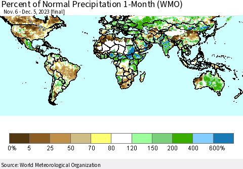 World Percent of Normal Precipitation 1-Month (WMO) Thematic Map For 11/6/2023 - 12/5/2023