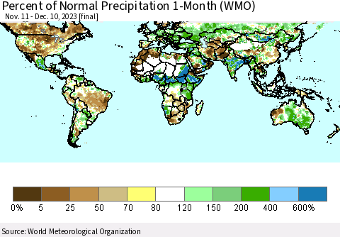 World Percent of Normal Precipitation 1-Month (WMO) Thematic Map For 11/11/2023 - 12/10/2023
