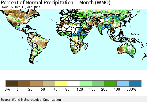 World Percent of Normal Precipitation 1-Month (WMO) Thematic Map For 11/16/2023 - 12/15/2023