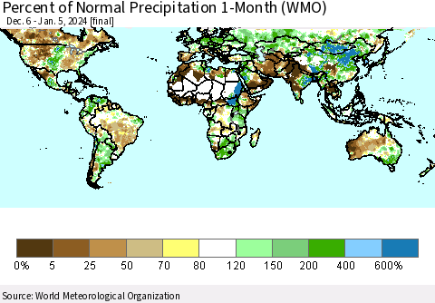 World Percent of Normal Precipitation 1-Month (WMO) Thematic Map For 12/6/2023 - 1/5/2024