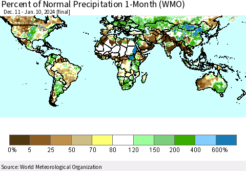 World Percent of Normal Precipitation 1-Month (WMO) Thematic Map For 12/11/2023 - 1/10/2024
