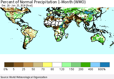 World Percent of Normal Precipitation 1-Month (WMO) Thematic Map For 12/26/2023 - 1/25/2024