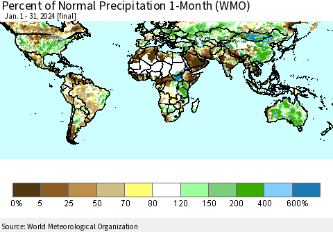 World Percent of Normal Precipitation 1-Month (WMO) Thematic Map For 1/1/2024 - 1/31/2024