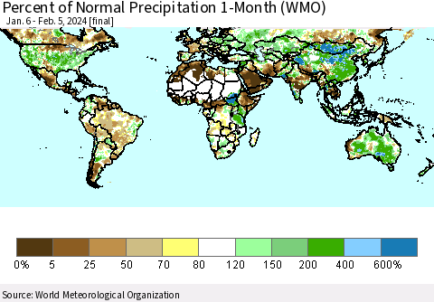 World Percent of Normal Precipitation 1-Month (WMO) Thematic Map For 1/6/2024 - 2/5/2024