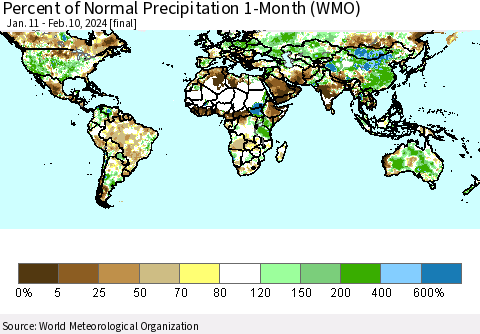 World Percent of Normal Precipitation 1-Month (WMO) Thematic Map For 1/11/2024 - 2/10/2024