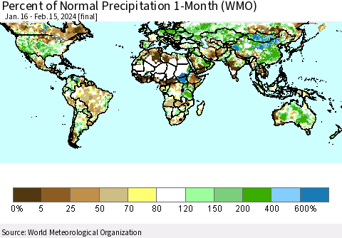 World Percent of Normal Precipitation 1-Month (WMO) Thematic Map For 1/16/2024 - 2/15/2024