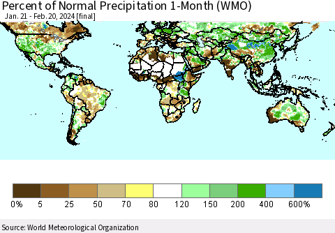 World Percent of Normal Precipitation 1-Month (WMO) Thematic Map For 1/21/2024 - 2/20/2024
