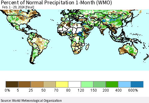 World Percent of Normal Precipitation 1-Month (WMO) Thematic Map For 2/1/2024 - 2/29/2024