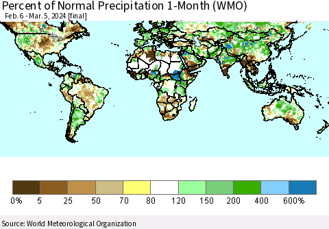 World Percent of Normal Precipitation 1-Month (WMO) Thematic Map For 2/6/2024 - 3/5/2024