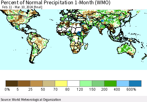 World Percent of Normal Precipitation 1-Month (WMO) Thematic Map For 2/11/2024 - 3/10/2024