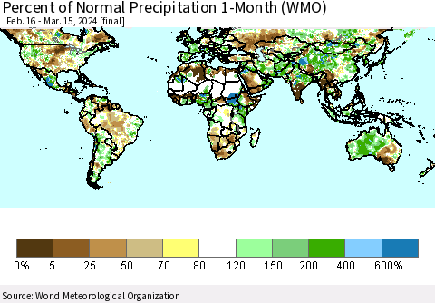 World Percent of Normal Precipitation 1-Month (WMO) Thematic Map For 2/16/2024 - 3/15/2024