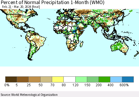 World Percent of Normal Precipitation 1-Month (WMO) Thematic Map For 2/21/2024 - 3/20/2024