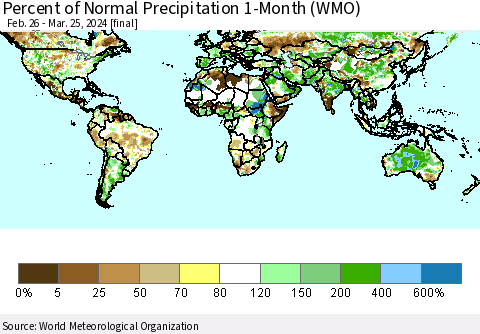 World Percent of Normal Precipitation 1-Month (WMO) Thematic Map For 2/26/2024 - 3/25/2024