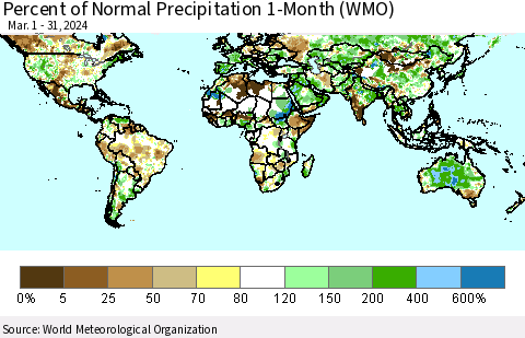 World Percent of Normal Precipitation 1-Month (WMO) Thematic Map For 3/1/2024 - 3/31/2024