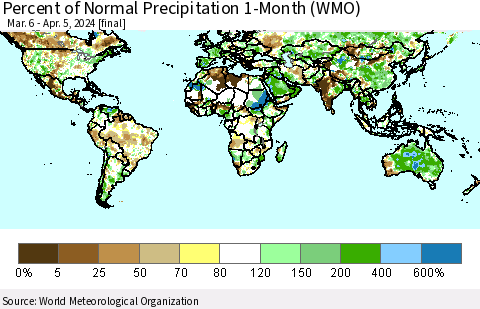 World Percent of Normal Precipitation 1-Month (WMO) Thematic Map For 3/6/2024 - 4/5/2024