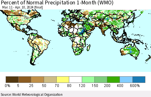 World Percent of Normal Precipitation 1-Month (WMO) Thematic Map For 3/11/2024 - 4/10/2024