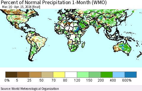 World Percent of Normal Precipitation 1-Month (WMO) Thematic Map For 3/16/2024 - 4/15/2024