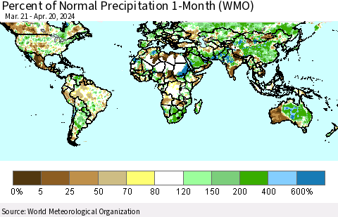 World Percent of Normal Precipitation 1-Month (WMO) Thematic Map For 3/21/2024 - 4/20/2024