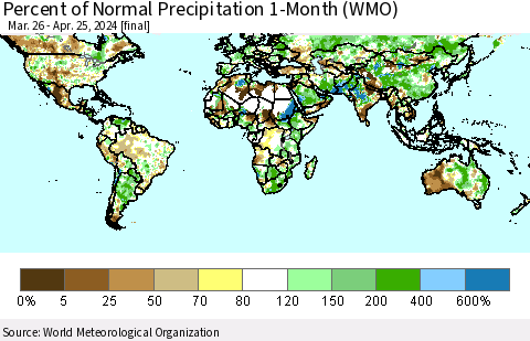 World Percent of Normal Precipitation 1-Month (WMO) Thematic Map For 3/26/2024 - 4/25/2024