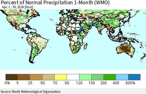 World Percent of Normal Precipitation 1-Month (WMO) Thematic Map For 4/1/2024 - 4/30/2024