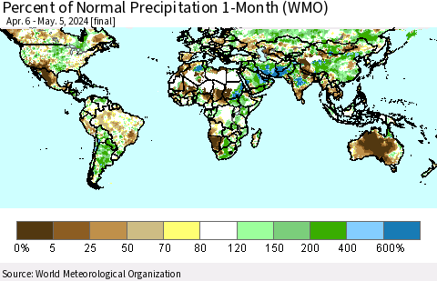 World Percent of Normal Precipitation 1-Month (WMO) Thematic Map For 4/6/2024 - 5/5/2024