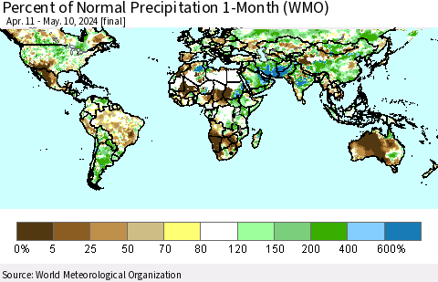 World Percent of Normal Precipitation 1-Month (WMO) Thematic Map For 4/11/2024 - 5/10/2024
