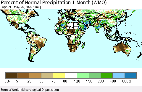 World Percent of Normal Precipitation 1-Month (WMO) Thematic Map For 4/21/2024 - 5/20/2024