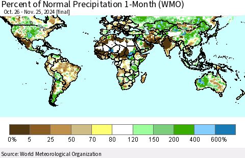 World Percent of Normal Precipitation 1-Month (WMO) Thematic Map For 10/26/2024 - 11/25/2024