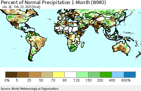World Percent of Normal Precipitation 1-Month (WMO) Thematic Map For 1/26/2025 - 2/25/2025