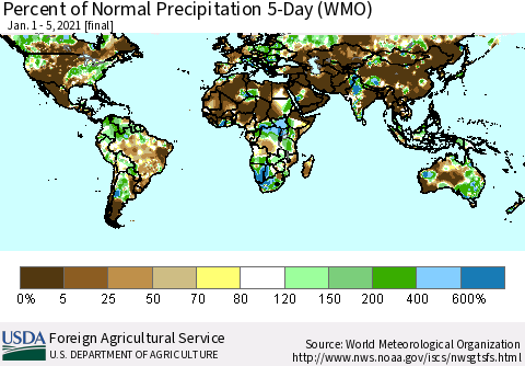 World Percent of Normal Precipitation 5-Day (WMO) Thematic Map For 1/1/2021 - 1/5/2021