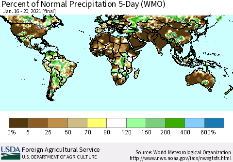 World Percent of Normal Precipitation 5-Day (WMO) Thematic Map For 1/16/2021 - 1/20/2021