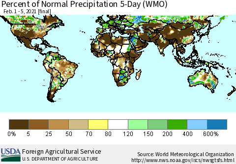 World Percent of Normal Precipitation 5-Day (WMO) Thematic Map For 2/1/2021 - 2/5/2021