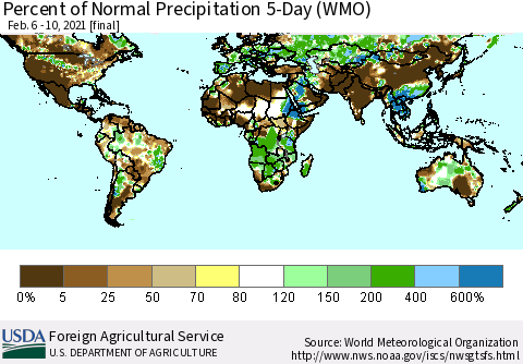 World Percent of Normal Precipitation 5-Day (WMO) Thematic Map For 2/6/2021 - 2/10/2021