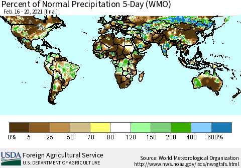 World Percent of Normal Precipitation 5-Day (WMO) Thematic Map For 2/16/2021 - 2/20/2021