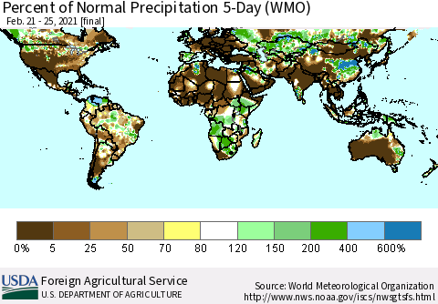 World Percent of Normal Precipitation 5-Day (WMO) Thematic Map For 2/21/2021 - 2/25/2021
