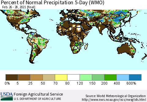 World Percent of Normal Precipitation 5-Day (WMO) Thematic Map For 2/26/2021 - 2/28/2021