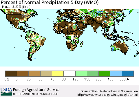 World Percent of Normal Precipitation 5-Day (WMO) Thematic Map For 3/1/2021 - 3/5/2021