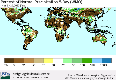 World Percent of Normal Precipitation 5-Day (WMO) Thematic Map For 3/6/2021 - 3/10/2021