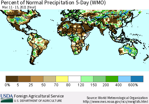 World Percent of Normal Precipitation 5-Day (WMO) Thematic Map For 3/11/2021 - 3/15/2021