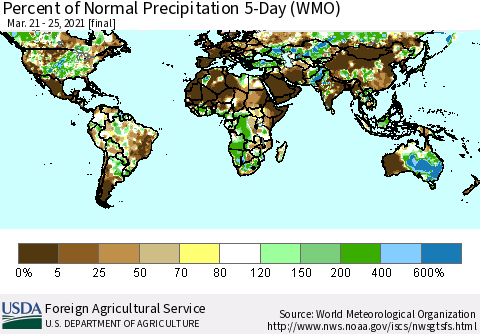 World Percent of Normal Precipitation 5-Day (WMO) Thematic Map For 3/21/2021 - 3/25/2021